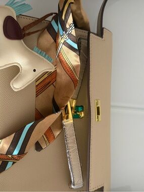 Beige Women’s Structured Tote Bag with Scarf Accent